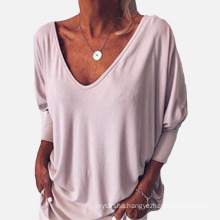 Women V-neck batwing cropped sleeve back button T-shirt in stock